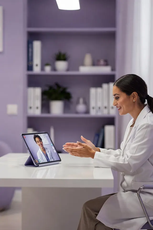 Ärztin in der Video-Sprechstunde am Tablet