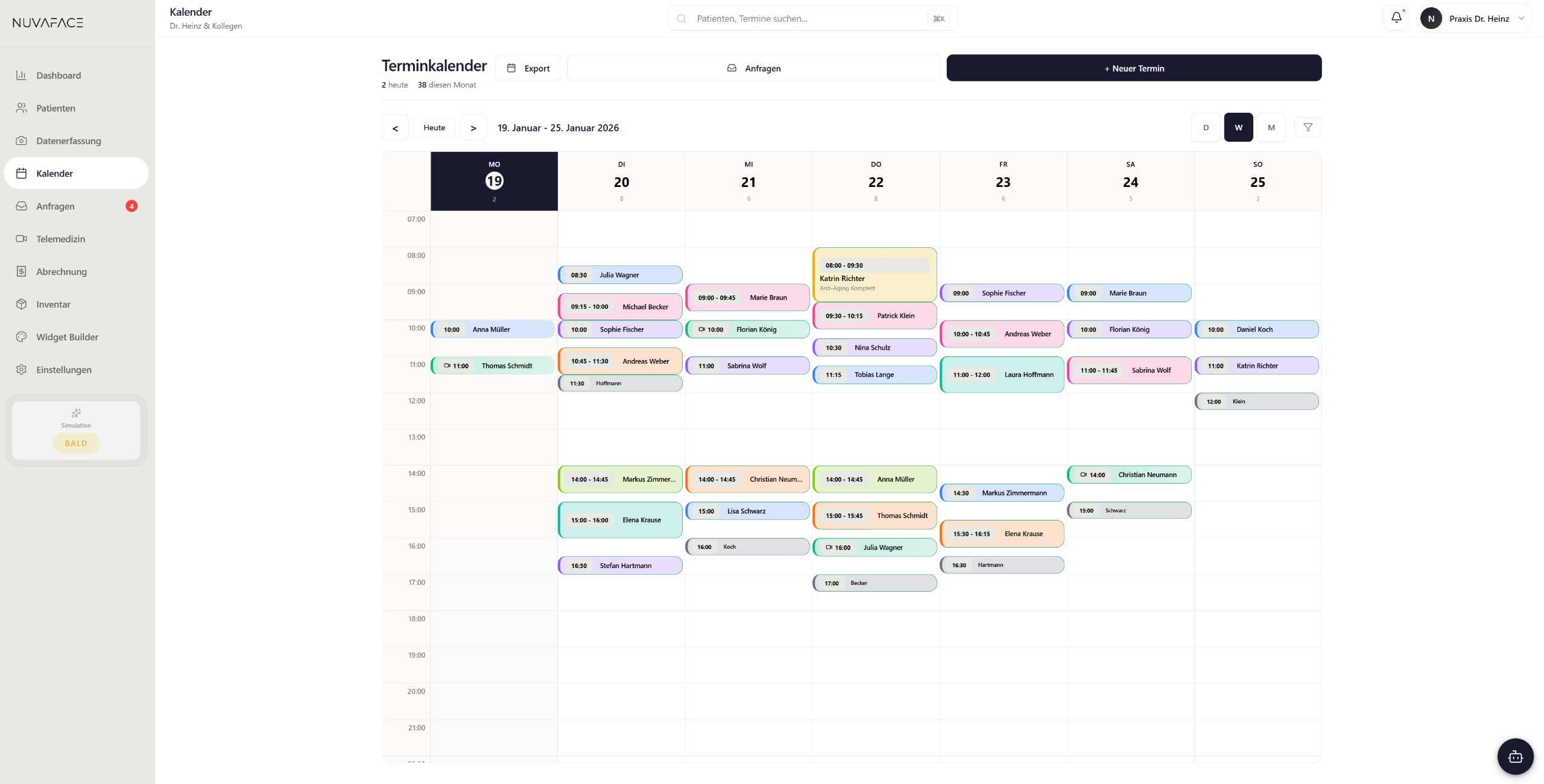 Kalenderfunktion der Praxissoftware für ästhetische Praxen mit Terminübersicht