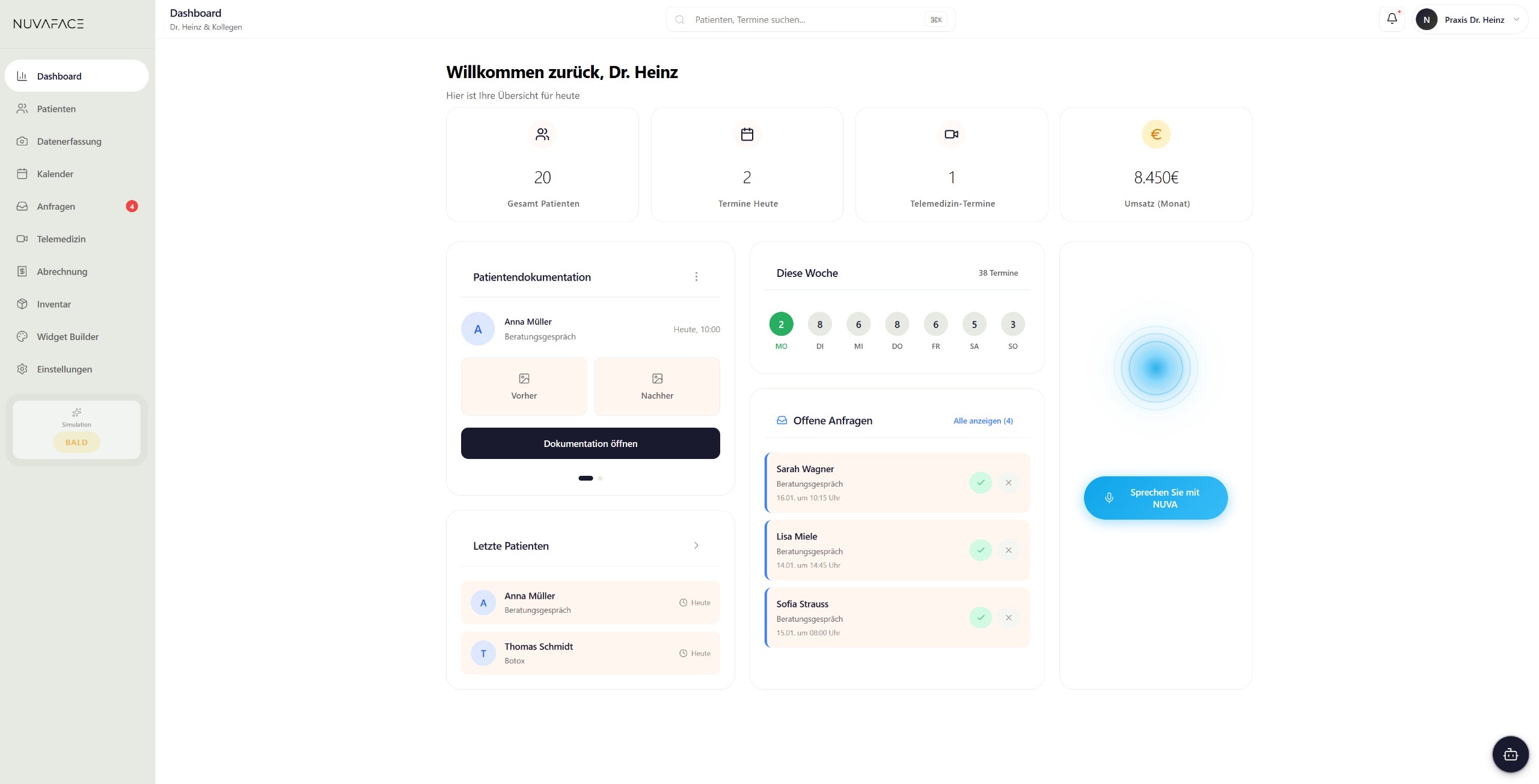 Praxissoftware für ästhetische Medizin – Dashboard von NUVAFACE Practice